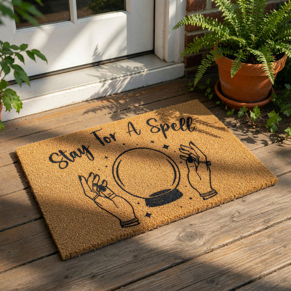 Stay For A Spell doormat featuring a crystal ball and hands design on natural coir fiber, this spooky Halloween welcome mat is a fun front porch decor piece for fall home entryways and mystical housewarming gift ideas.