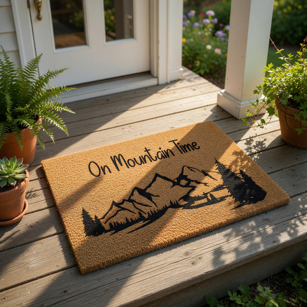 On Mountain Time coir doormat featuring a black ink mountain range and pine tree forest design, this natural fiber welcome mat is a rustic outdoor floor rug for cabin decor, mountain house entryways, or nature-themed home