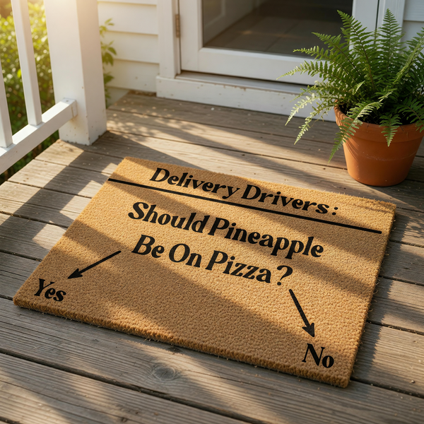 Funny delivery driver doormat featuring a pineapple on pizza poll with arrows pointing to yes and no options, this natural coir fiber welcome mat is a humorous front porch decor piece for pizza lovers and home entryways.