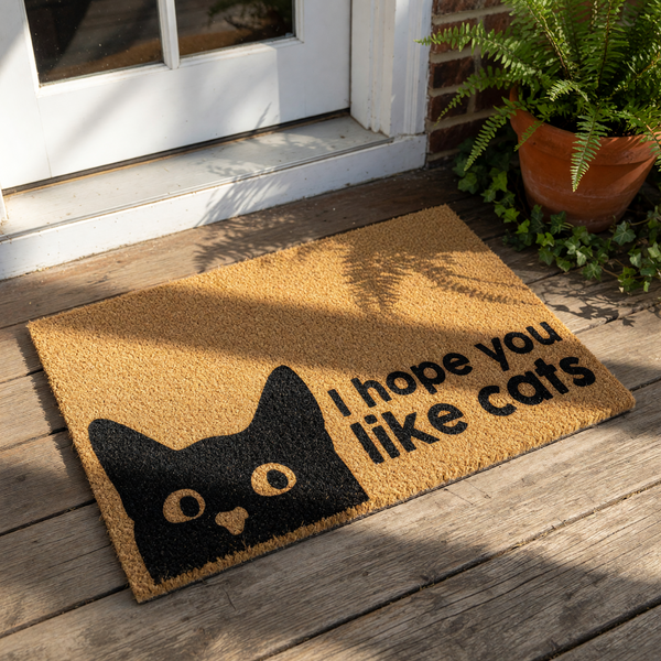 Cat lover doormat featuring a black cat face peeking from the corner with the text I hope you like cats, this natural coir fiber welcome mat is a funny front porch rug for pet owners and a cute housewarming decor piece for cat