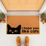 Cat lover doormat with a black cat face design and the text I hope you like cats, this funny welcome mat is made of natural coir fiber and sits on a front porch, making it a stylish entryway rug for any home with feline pets.