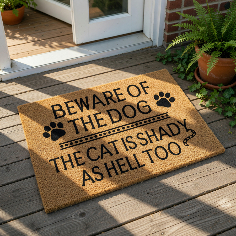 Funny Beware of the Dog and Cat doormat made of natural coir fiber, featuring humorous text about a shady cat and dog paw prints, perfect for a front porch entrance or as a unique housewarming gift for pet owners who love animal