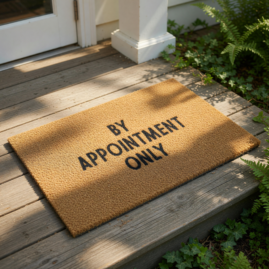 By Appointment Only coir doormat with bold black text on a natural fiber welcome mat, perfect for a front porch, business entrance, or home office door to clearly communicate visitor policies with this durable outdoor floor rug.