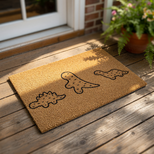 Dinosaur welcome doormat featuring three cute line art prehistoric creatures on a natural coir fiber mat, perfect for a kids room or nursery decor, this durable outdoor entrance rug adds a fun touch to any home entryway or porch.