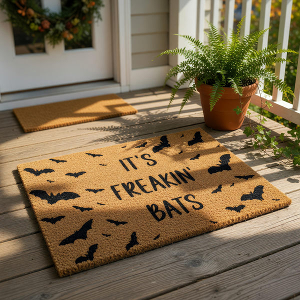 Funny bat themed doormat with the text It's Freakin' Bats printed in black on a natural coir fiber welcome mat, perfect for a spooky Halloween porch decor or a gothic home entrance rug for fans of dark humor and seasonal fall