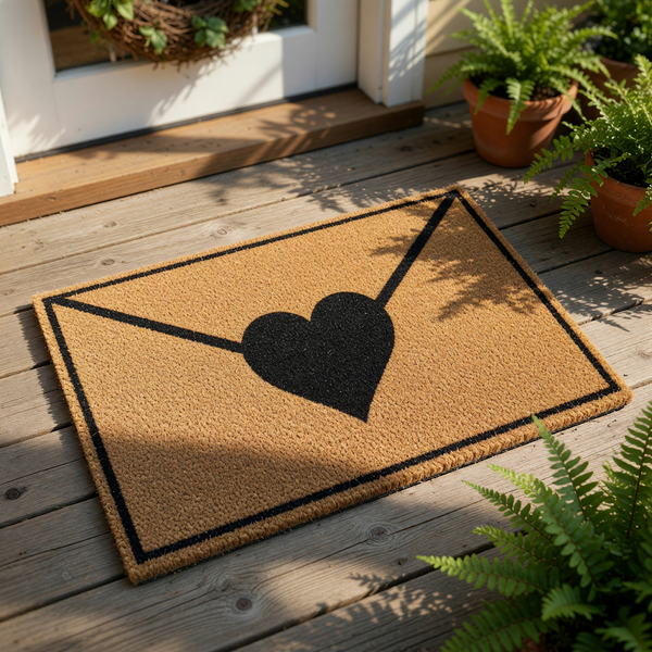 Love letter envelope doormat with a black heart design on natural coir fiber, this outdoor welcome mat features a romantic envelope graphic for a cute front porch entry decor piece that is durable and functional for any home