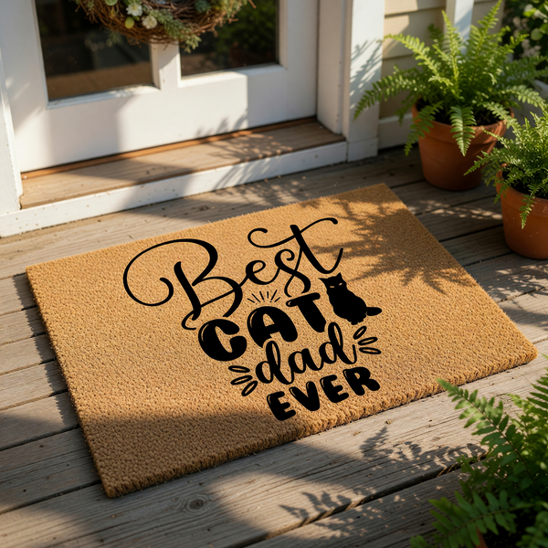 Best Cat Dad Ever coir doormat featuring a cute black cat silhouette, this durable natural fiber welcome mat is a funny pet lover home decor piece for any front porch entrance or entryway for a feline owner and animal enthusiast.
