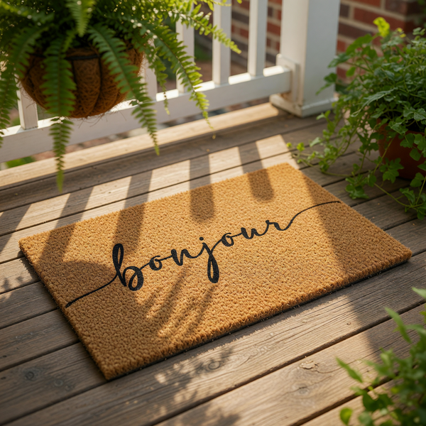 Bonjour coir doormat featuring elegant black cursive script on a natural brown fiber welcome mat, perfect for a stylish front porch entry or home decor entrance that adds a touch of French charm to your house exterior floor