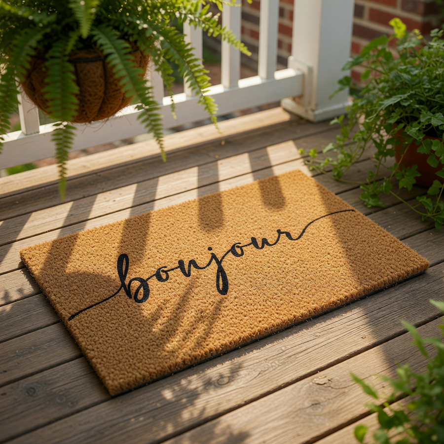 Bonjour coir doormat featuring elegant black cursive script on a natural brown fiber welcome mat, perfect for a stylish front porch entry or home decor entrance that adds a touch of French charm to your house exterior floor
