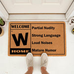 Funny welcome home doormat with a rating style design featuring text about partial nudity, strong language, loud noises, and mature humor, perfect for a front porch entrance as a humorous coir fiber floor mat for guests and