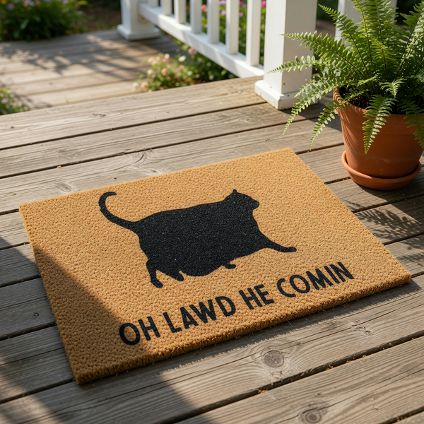Funny cat doormat featuring a silhouette of a round, chunky cat with the text Oh Lawd He Comin printed on natural coir fiber.