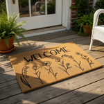 Floral welcome doormat with black line art wildflowers on a natural coir fiber mat, featuring a simple welcome sign design for your front porch entry, housewarming decor, or outdoor floor mat for a stylish home entrance.