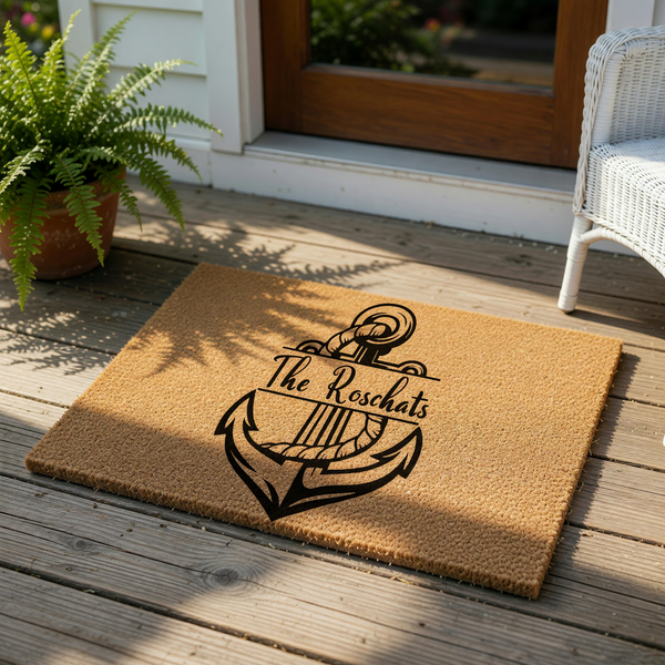 Personalized anchor doormat with a nautical theme, featuring a black printed anchor design on a natural coir fiber welcome mat, perfect for a beach house or coastal home entrance with a custom family name display.