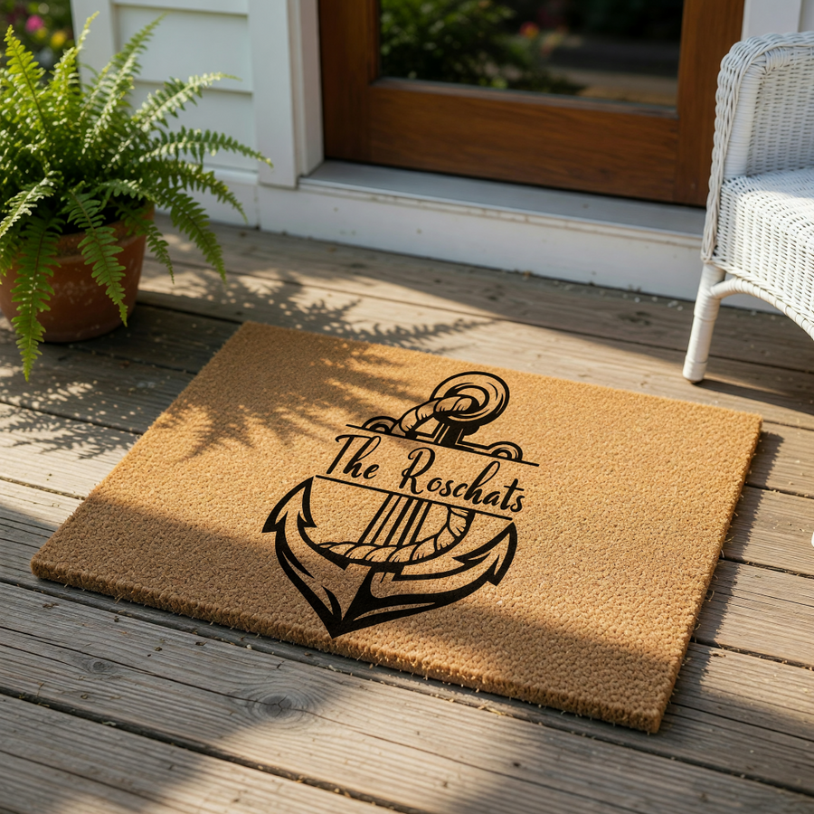 Personalized anchor doormat with a nautical theme, featuring a black printed anchor design on a natural coir fiber welcome mat, perfect for a beach house or coastal home entrance with a custom family name display.