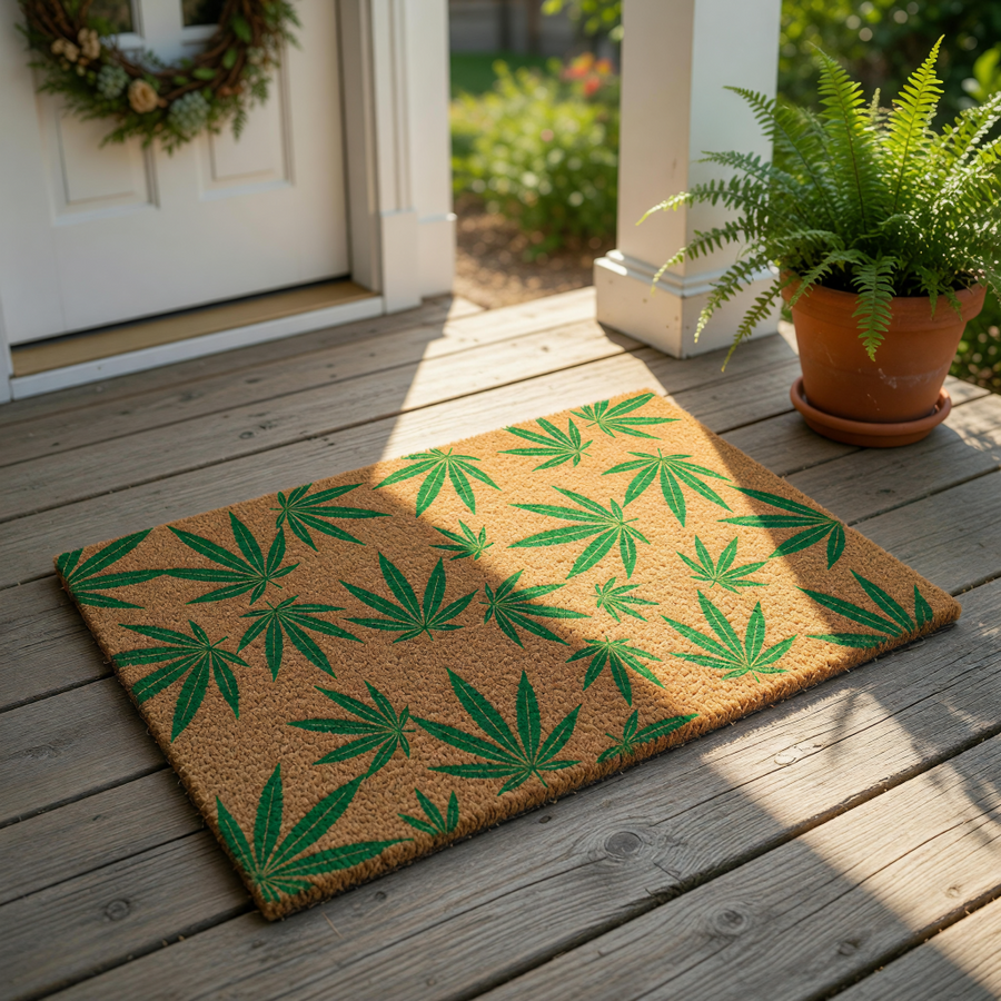 Cannabis leaf print coir doormat featuring a natural brown fiber texture with a repeating pattern of bright green marijuana leaves, perfect as a funny outdoor welcome mat or entryway rug for a home with a relaxed, bohemian style.