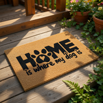 Dog lover coir doormat featuring the text Home is where my dog is with a paw print replacing the letter O, this natural fiber welcome mat is a stylish front porch decor piece for pet owners and dog house entryway floor mats.