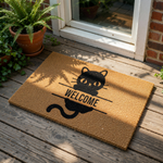 Black cat welcome doormat featuring a cute kitten illustration on natural coir fiber, this funny animal entry rug is a durable outdoor floor mat for cat lovers who want a stylish and functional front porch decor for their home