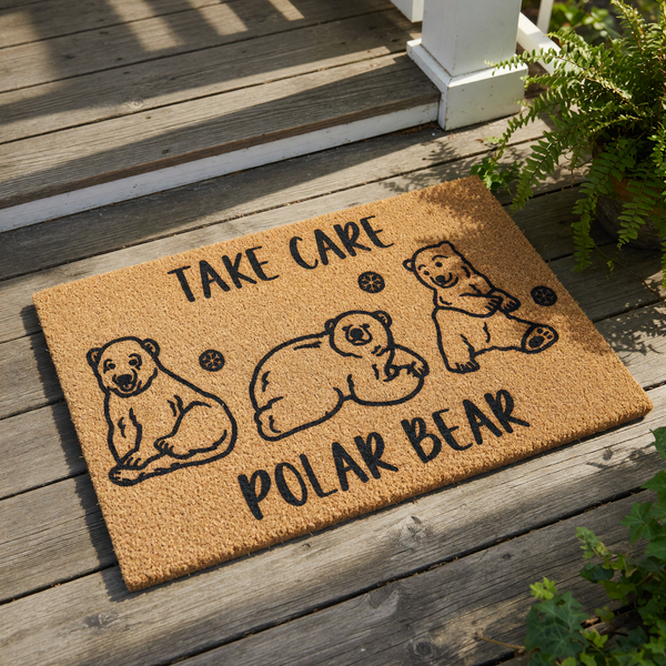 Polar Bear Doormat featuring three cute bears and snowflake designs on a natural coir fiber welcome mat, this funny winter entry rug is a durable outdoor floor mat for your front porch or home entryway decor with a playful animal