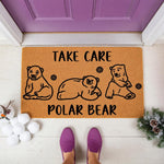 Polar Bear Welcome Doormat featuring three cute bears and snowflakes on a natural fiber mat, perfect for winter porch decor or a front door entrance rug that adds a cozy seasonal touch to your home entryway and outdoor floor