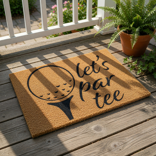 Golf themed welcome doormat featuring a black graphic of a golf ball on a tee with the text let's par tee, this natural coir fiber outdoor floor mat is a funny sports decor piece for a front porch or entryway for any golf lover.