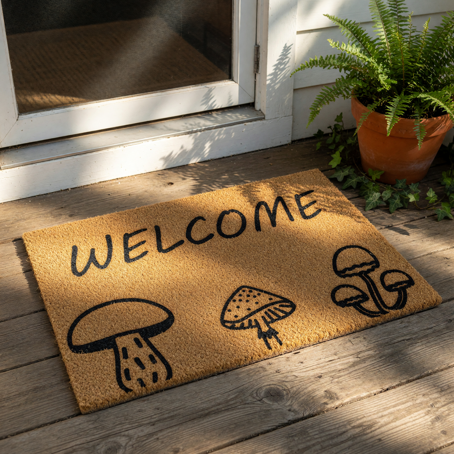 Mushroom welcome doormat featuring a natural coir texture with black ink illustrations of three different fungi designs, making this a stylish outdoor entrance mat for a cottagecore or nature-inspired home front porch decor.