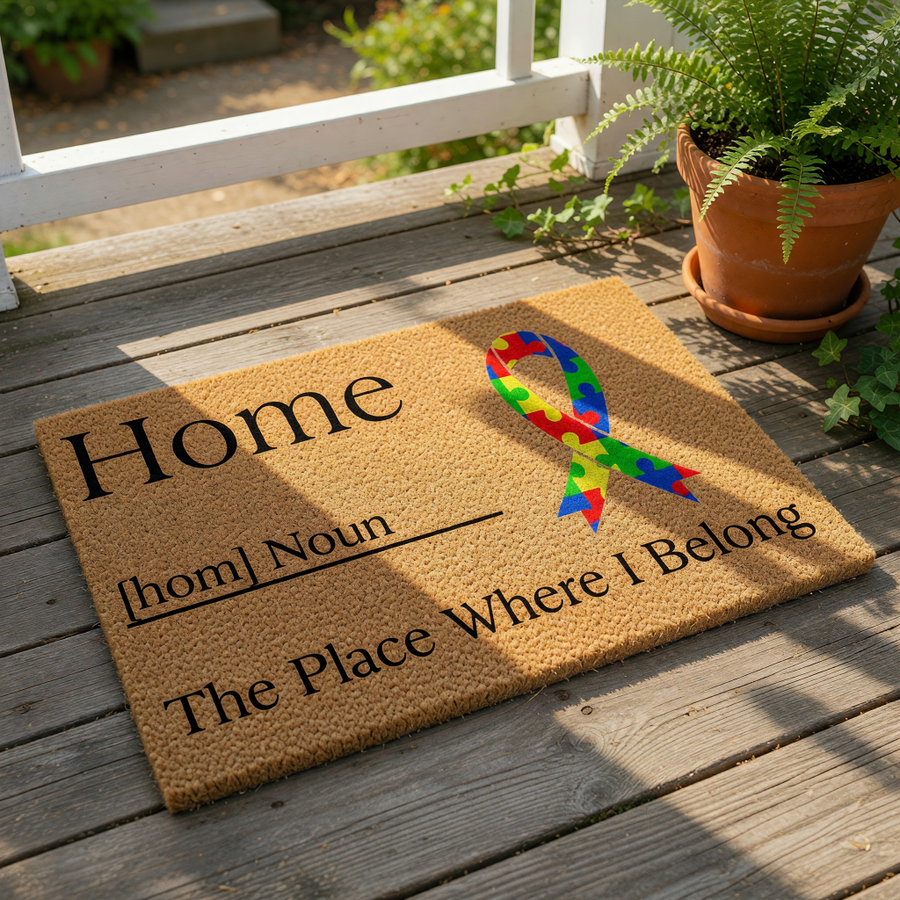 Home definition doormat with a colorful puzzle piece awareness ribbon, this durable coir welcome mat features a dictionary style design for your front porch entry, making a meaningful housewarming decor piece for any home