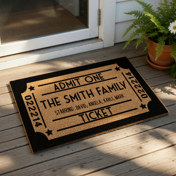 Personalized movie ticket doormat featuring a custom family name and star design, this durable coir welcome mat serves as a fun entrance rug for home theater rooms or movie lovers looking for unique, custom housewarming decor.