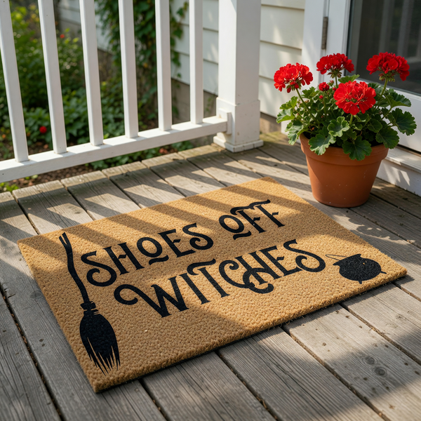 Funny Halloween doormat featuring a broom and cauldron graphic with the text Shoes Off Witches, this natural coir fiber welcome mat is a spooky front porch decor piece for fall home entryways and seasonal housewarming entryway