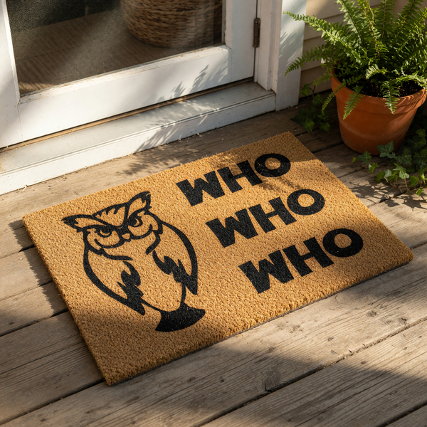 Owl welcome doormat featuring a black graphic of an owl and the text Who Who Who on a natural coir fiber mat, perfect for a funny front porch entrance rug or a unique housewarming decor piece for any bird lover or nature