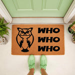 Owl welcome doormat featuring a black owl graphic and the text Who Who Who, this natural coir fiber outdoor welcome mat is a funny front porch decor piece for bird lovers and adds a whimsical touch to any home entryway or house