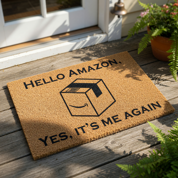 Funny delivery doormat featuring a brown shipping box graphic and text about online shopping, this natural coir fiber welcome mat is a humorous front porch decor piece for frequent package recipients and home delivery lovers.