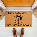 Funny delivery doormat for front porch, featuring a natural coir fiber welcome mat with a printed box graphic and humorous text, perfect for home entryways to greet delivery drivers with a lighthearted and relatable shopping