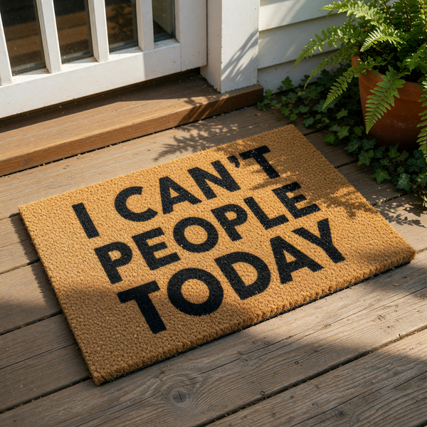 I Can't People Today funny doormat featuring bold black text on a natural coir fiber welcome mat, perfect for a humorous front porch entry, housewarming decor, or a sarcastic home entrance rug for your front door.