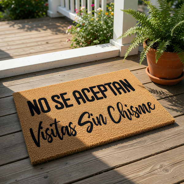 Funny Spanish doormat with the text No Se Aceptan Visitas Sin Chisme printed in black, featuring a natural coir fiber texture for this outdoor welcome mat that makes a humorous housewarming gift for any home entryway or front