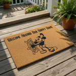 Nautical welcome doormat featuring a cartoon mouse steering a ship wheel with the text Welcome Aboard Our Happy Home, this natural coir fiber outdoor floor mat is a fun front porch decor piece for any home entrance or entryway.