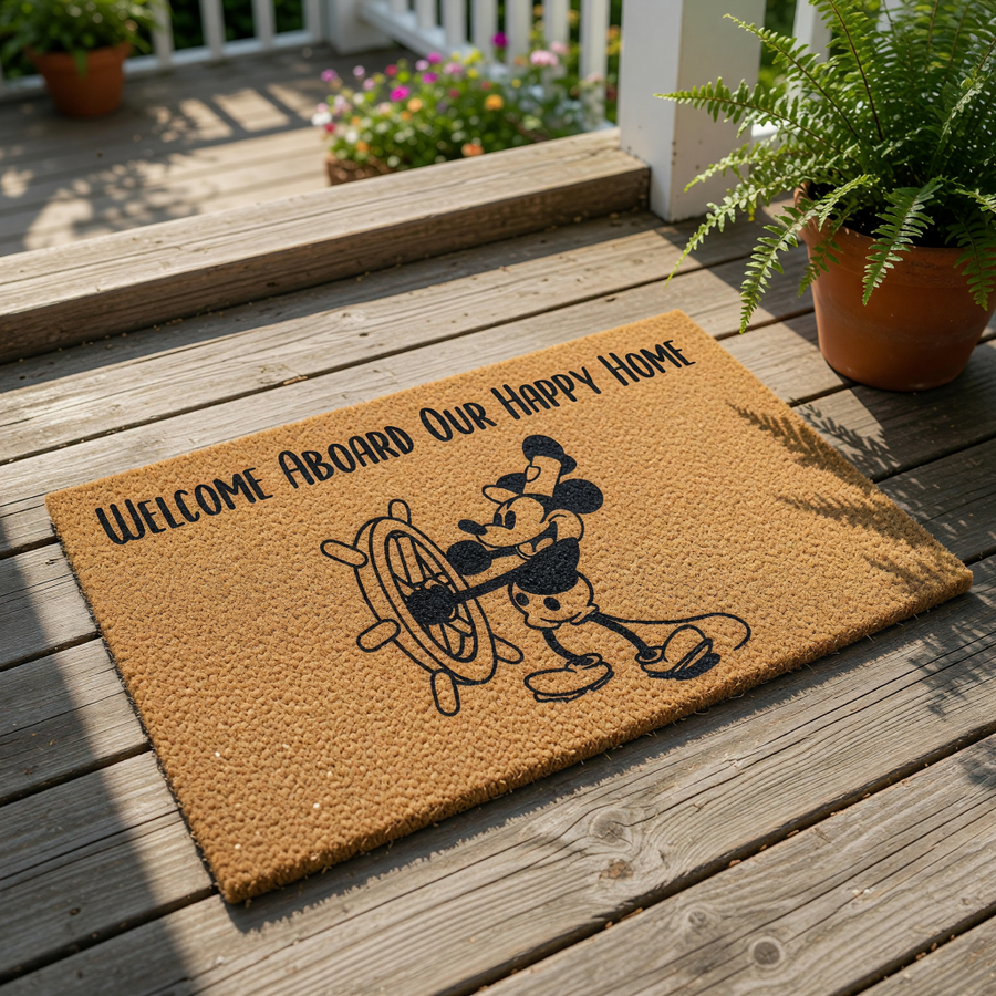 Nautical welcome doormat featuring a cartoon mouse steering a ship wheel with the text Welcome Aboard Our Happy Home, this natural coir fiber outdoor floor mat is a fun front porch decor piece for any home entrance or entryway.