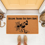 Nautical welcome doormat featuring a cartoon mouse steering a ship wheel with the text Welcome Aboard Our Happy Home, this natural coir fiber front door mat is a stylish outdoor floor rug for a beach house or coastal home