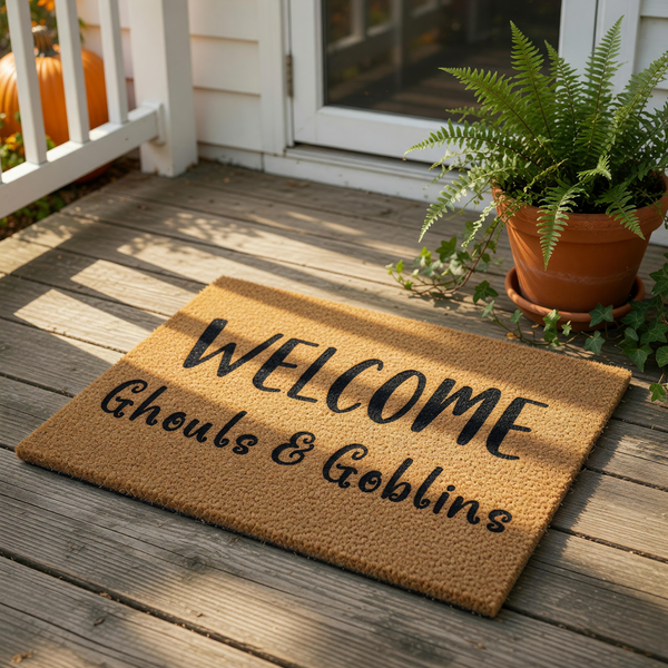 Halloween welcome doormat with Ghouls and Goblins text printed on natural coir fiber, this spooky outdoor welcome mat is a fun fall porch decor piece for your front door entry during the autumn holiday season.