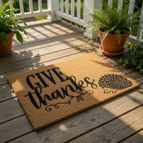 Give Thanks hedgehog doormat made of natural coir fiber, featuring a cute black printed hedgehog illustration and fall harvest typography for a festive autumn welcome mat at your front door or porch entrance.