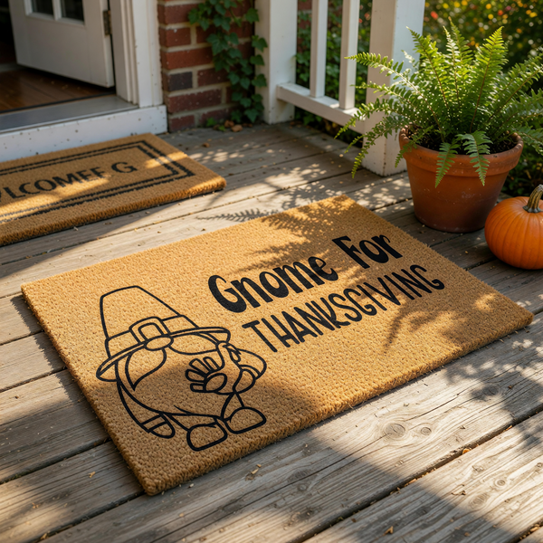 Thanksgiving gnome doormat featuring a cute holiday character in a pilgrim hat, this natural coir welcome mat is a festive fall porch decor piece that adds seasonal charm to your home entrance for the autumn holiday season.