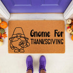 Thanksgiving gnome doormat featuring a cute fall character illustration on natural coir fiber, perfect for autumn porch decor and seasonal home entryways to welcome guests during the holiday season with festive harvest style.