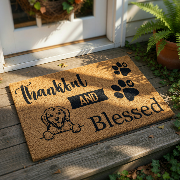 Thankful and Blessed dog doormat featuring a cute puppy illustration and paw prints on natural coir fiber, this durable outdoor welcome mat is a stylish home decor piece for any dog lover looking for a rustic front porch entrance