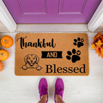 Golden Retriever Thankful and Blessed doormat featuring a cute dog illustration and paw prints, this natural coir fiber welcome mat is a fall porch decor essential for dog lovers looking for seasonal front door entryway rugs.