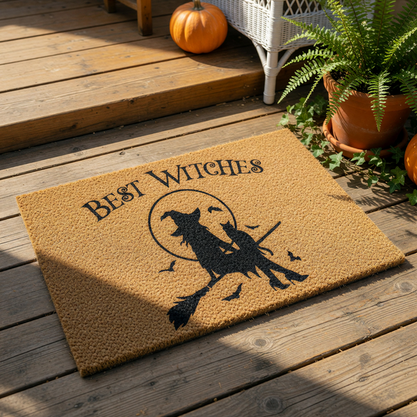 Best Witches Halloween doormat featuring a black silhouette of a witch on a broomstick with a cat and bats against a full moon, printed on a natural coir fiber welcome mat for seasonal porch decor and spooky home entryway floor