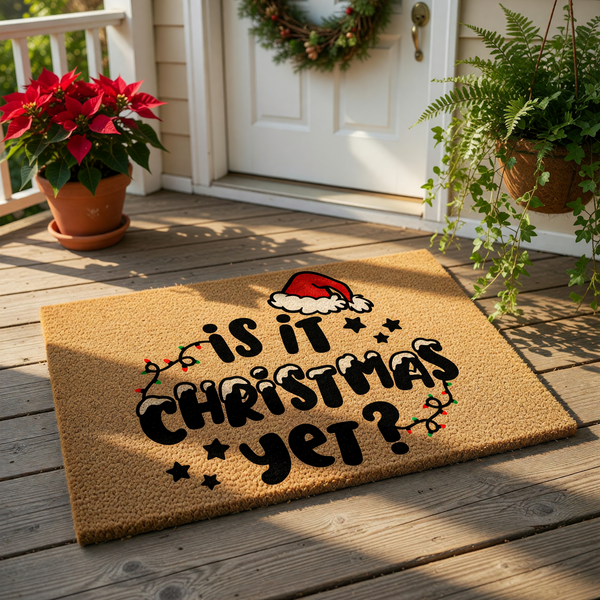 Funny Christmas doormat with Is It Christmas Yet text and a red Santa hat design on a natural coir welcome mat, perfect for holiday porch decor, winter entryway floor mats, and festive home entrance decorations for the season.