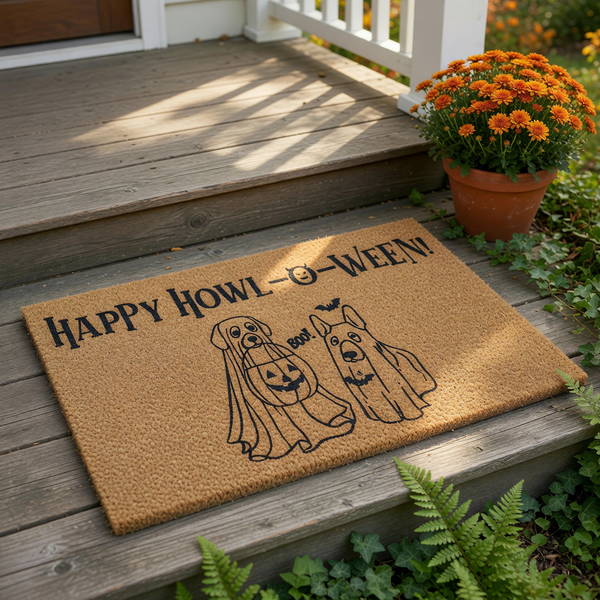 Happy Howl-o-ween dog doormat featuring two cute dogs dressed as ghosts for Halloween, this natural coir welcome mat is a fun seasonal porch decor piece for pet lovers who enjoy spooky autumn home decorations and dog themed entry