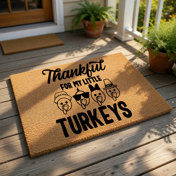 Thankful For My Little Turkeys doormat, a natural coir fiber welcome mat featuring four cute turkey icons with hats and glasses, perfect for fall home decor, Thanksgiving porch decorations, and seasonal entryway floor mats.