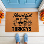 Thankful for my little turkeys doormat featuring cute turkey icons on a natural coir welcome mat, perfect for fall porch decor, Thanksgiving home entry, or a festive autumn front door rug for families with kids and seasonal house