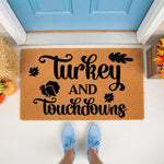 Turkey and Touchdowns Thanksgiving doormat featuring a festive fall design on natural coir fiber, perfect for a seasonal front porch welcome mat decor that celebrates autumn football and holiday gatherings with a rustic look.
