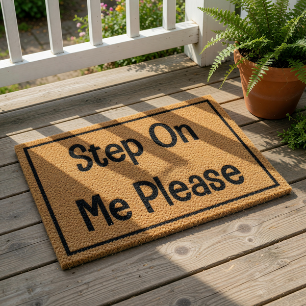 Step On Me Please funny doormat with bold black text on a natural coir fiber welcome mat, perfect for a humorous front porch entry, housewarming gift, or quirky home decor that greets guests with a playful message at your front